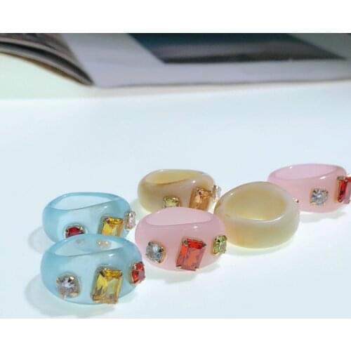 2020 Acrylic Resin Ring Geometry Transparent Square Rhinestone Colourful Vintage Korean Women Girls Jewelry Ring Party Gifts