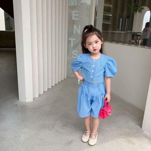 2021 Summer Girls Clothing Set Korean Fashion Kids Baby Clothes Suits Puff Sleeve Plaid Tops Loose Shorts Toddler Girl 2pcs Suit