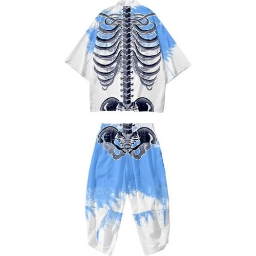 Loose Japanese Cardigan Personalized Skull Frame Two-piece Suit Women Men Cosplay Yukata Clothing Harajuku Kimono + Pants Sets