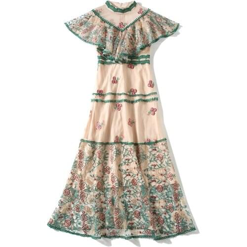 LUKAXSIKAX 2021 New Summer Women Dress High Quality Fashion Ruffles Mesh Flowers Embroidery Runway Long Dress