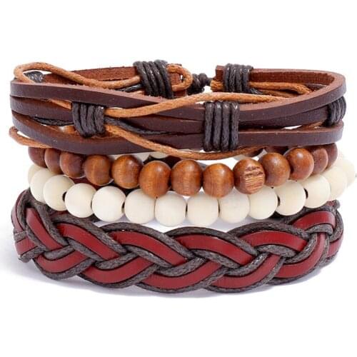 Vintage Retro Beads Braided Leather Bracelets Set Multi-layer Hippie Simple Charm Bangle Wrap Wristbands Casual Fashion Jewelry