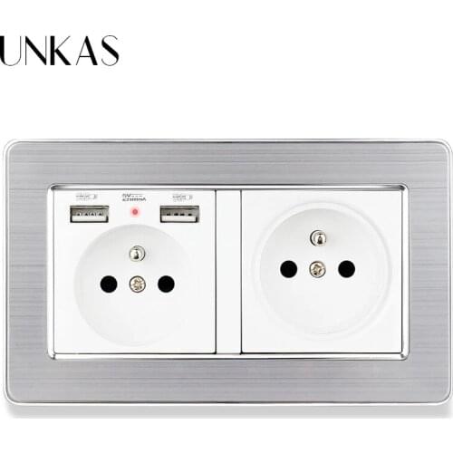 UNKAS Wall Socket French Standard Power Outlet With Dual USB Smart Induction Charge Port For Mobile 16A Stainless Steel Panel