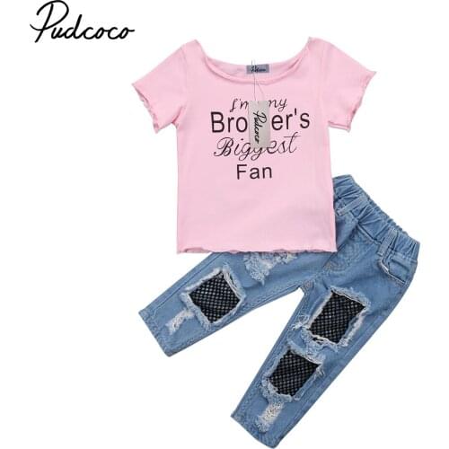 2018 Brand New Princess Toddler Infant Kids Baby Girl Print T shirt Tops Mesh Jeans Pants 2pcs Outfits Set Fashion Clothes 1-5T