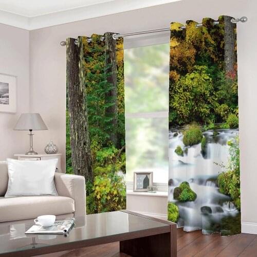 Custom Any Size Forest Waterfall Green Mountain Nature Landscape Photo Curtains for Living Room Art Decor Drapes Sets