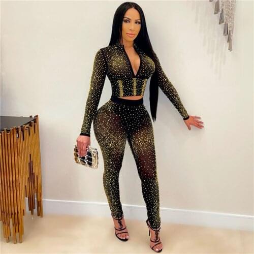 Sexy Sparkly Two Piece Set Club Birthday Outfits for Women Party Rhinestones Mesh Sheer Corset Crop Top + Leggings Matching Sets