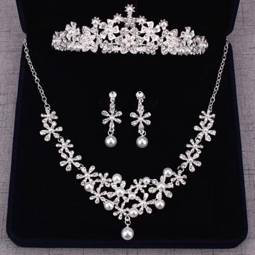 Rhinestone Bridal Jewelry Sets Pearl Crystal Wedding Bridal Jewelry Set Bride Crown Necklace Earrings Set Wedding Hair Jewelry