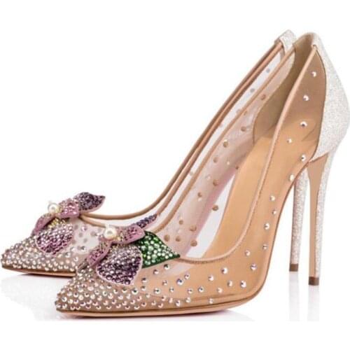 Moraima Snc Crystal Flower Decorations High Heel Shoes Sexy Pointed Toe Mesh Grid Women Pumps Super High Party Wedding Heels