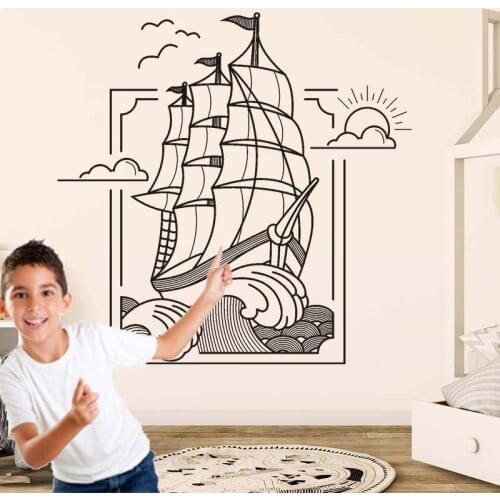 Vinyl Wall Decal Pirate Ship Flag Sailor Sail Sea Marine Sunny Day Wavy Stickers Mural Large Decor