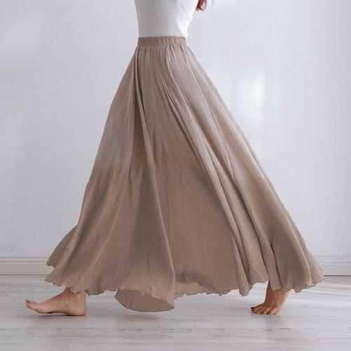 A-Line Beach Skirts Boho High Quality Cotton Linen Maxi Skirt Womens Casual Elastic High Waist Pleated
