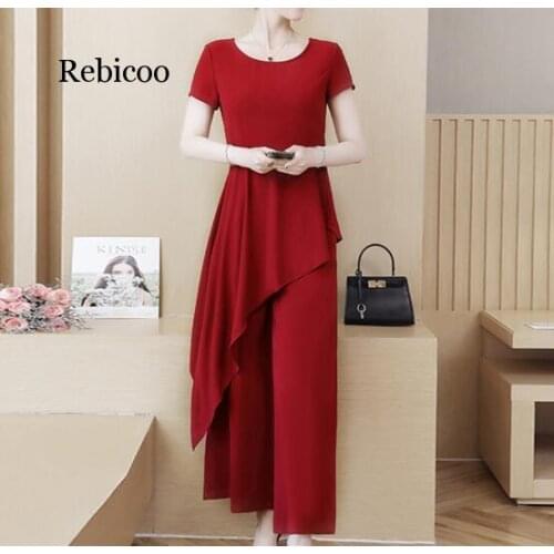 M-4xl Black Red Summer Two Piece Sets Women Plus Size Short Sleeve Long Asymmetrical Tops And Wide Leg Pants Office Elegant Suit