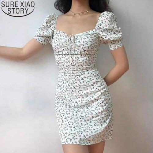 Sexy White Dress Summer Elegant Puff Sleeve Dresses Korean 2021 Floral Print Mini Dress Women Sheath Clothing Vestidos 14669
