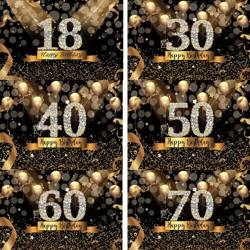 Gold Glitter Birthday Photo Background Black Diamond 18 30 40 Happy Birthday Party Decor Supplies Customize Dessert Table Banner