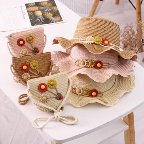 2Pcs/set Baby Flower Summer Hat for Girls Straw Hat with Handbag Kids Boy Girls Sun Visor UV Protection Panama Beach Hat Gorras