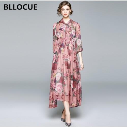 BLLOCUE Autumn Runway Holiday Chiffon Dress Womens Three Quarter Sleeve Bow Collar Elegant Flower Print High Waist Long Dress