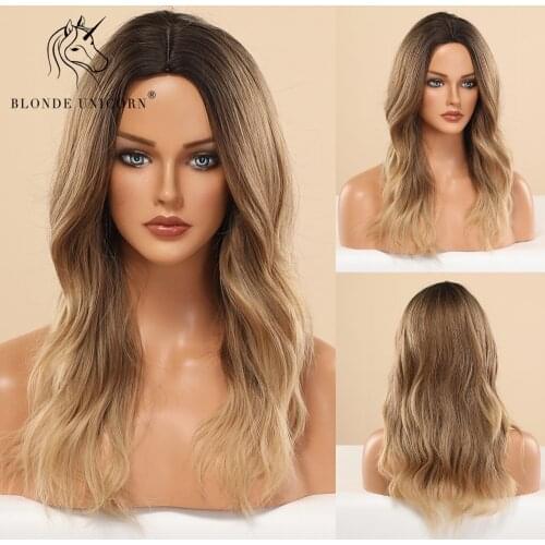 Blonde Unicorn Synthetic Medium Length Natural Wave Hair Ombre Brown Middle Part Wigs for White/Black Women Cosplay Daily Wear