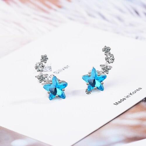 KISSLOVE New Cute Blue Crystal Stackable Star Earrings For Women Mosaic CZ Zircon Earrings