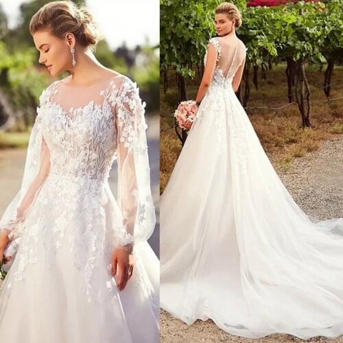 Beautiful Lace a-Line With Stunning 3-Dimensional Flowers Wedding Dress With Detachable Long Sleeves See Through Bridal Dresses