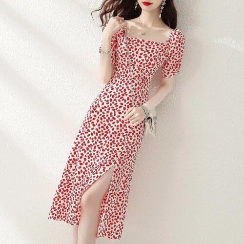 Summer new square neck short sleeve leopard long dress