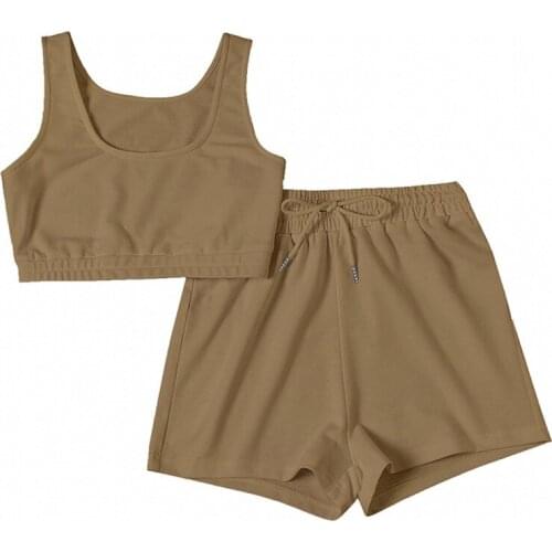 Summer Women Athleisure 2 Piece Set Casual Solid Sportswear Trainning Outfits Female Crop Top Drawstring Shorts Matching Sets