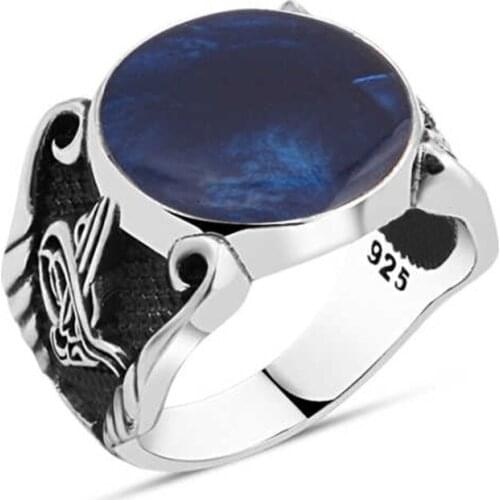 Blue Cabochons Silver Men 'S Ring
