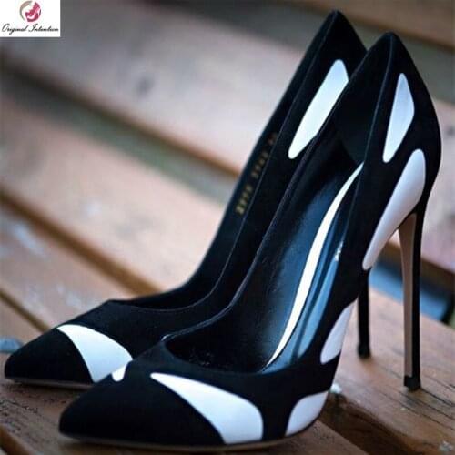 Original Intention Black White Mixed Color Pumps Woman Pointed Stiletto High Heels Elegant Sexy Casual Mature Shoes Female 4-15