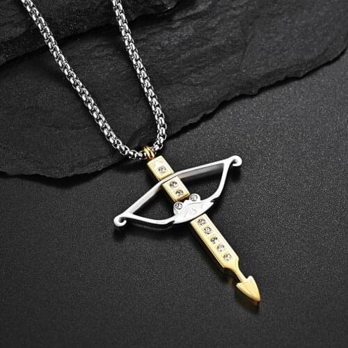 New Arrival Dropshipping Golden Cross Cupids Arrow Chain On The Neck For Men Pendant Necklaces Stainless Steel CZ Cubic Stones