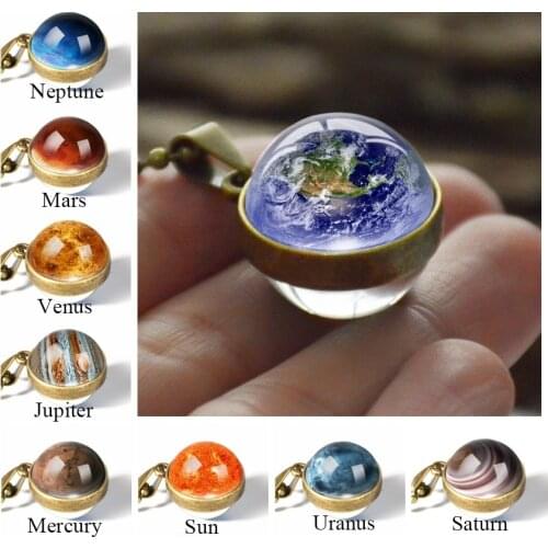 New Personality Fashion Double Side Glass Ball Necklace Earth Planet Pattern Jewelry Galaxy Astronomy Pendant Necklace