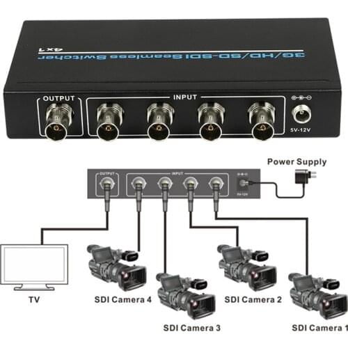 Resolution 3G/HD/SD_SDI Seamless switcher 4x1 4 in 1 out,Supports 300m for SD, 200m for HD and 100m for 3G signals