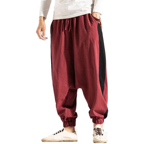 Men Wide Leg Linen Harem Pants Men Elastic Waist Loose HipHop Crotch Pants Man Casual Cross-Pants Hip Hop Street Trousers