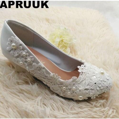 Wedges lace wedding shoes bride round toes handmade plus sizes lace pearls bridal shoes female womans wedding shoes