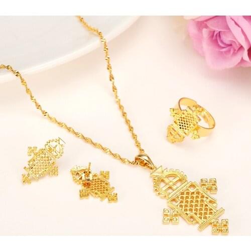 Bangrui Ethiopian Cross Traditional Religious Jewelry set Necklace/Earrings/Ring/Bangle Ethiopia Gold filled Eritrea Crosses