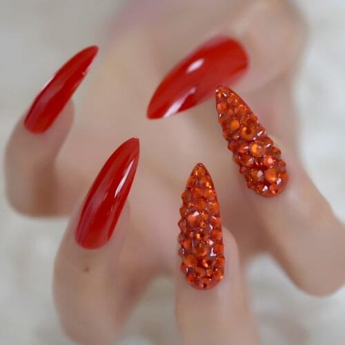 24Pcs Extra Long Pure Red Color Diamond Stiletto Mixed Nail Tips Wholesale Full Cover Nails Gels Nails Artificial False Nail