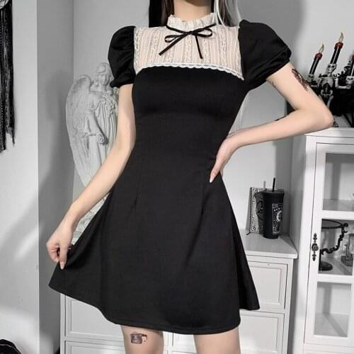French Style Vintage Turtleneck Dress Elegant Lace Trim Velvet Black Dresses Victoria Women Bow Knot Puff Sleeve Dress