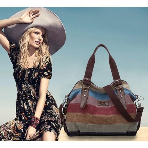 Large-capacity womens 2020 shoulder tote bag color striped canvas casual handbag top handle bags multi-function messenger bag