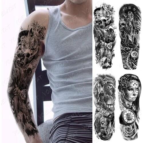 Waterproof Temporary Full Arm Tattoo Sticker Skull Clock Greek Goddess Warrior Flash Tatoo Man Body Art Fake Sleeve Tatto Female
