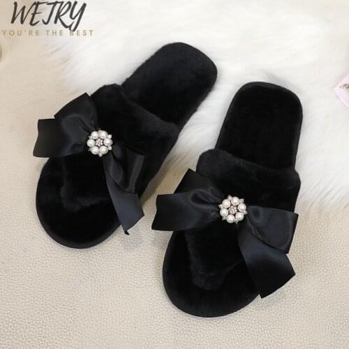Wetry Women Home Slippers Winter Warm Shoes Woman Slip on Flats Slides Female Faux Fur Slippers 36-41 wholesale