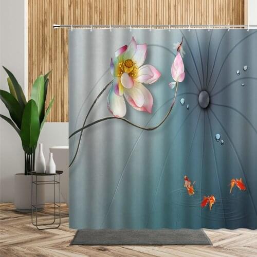 Pink Lotus Shower Curtain Fish Leaves Floral Printed Bathroom Decor Summer Scenery Chinese Fabric Bath Curtains Set Douchegordi