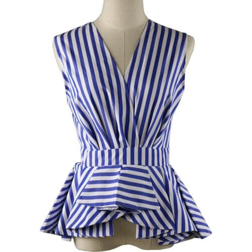 Blue Striped Peplum Tops Blouse Summer Sleeveless Womens Plus Size V-Neck Ruffles Office Lady Shirts Femininas Blusas Workwear