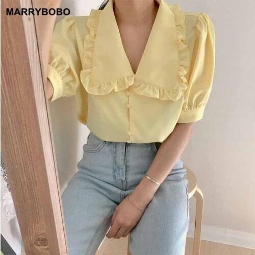 Women Summer Chiffon Blouse Shirt 2021 Casual Chic Tops Korean Sweet Solid Peter Pan Collar Short Sleeve Blouses