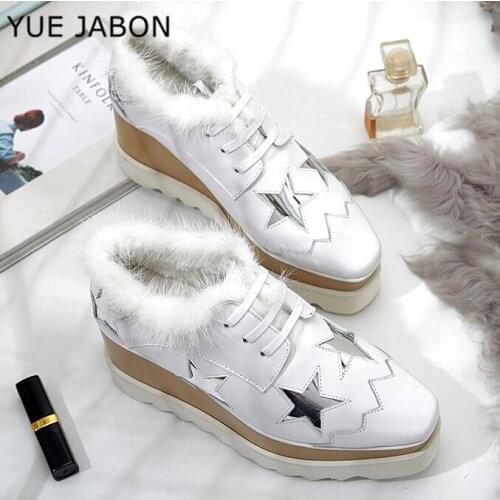 2021 New White Real Leather Women Shoes Star Platform Warm Fur Winter Shoes Woman Casual Footwear Size 35-41 zapatos de mujer