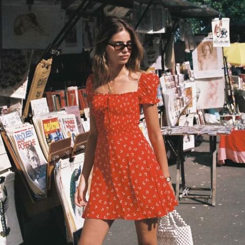 Bella Philosophy Short Sleeve Sexy Mini Dress Vintage Print Floral Female Square Collar Dress Casual Elastic Lady A-Line Dress