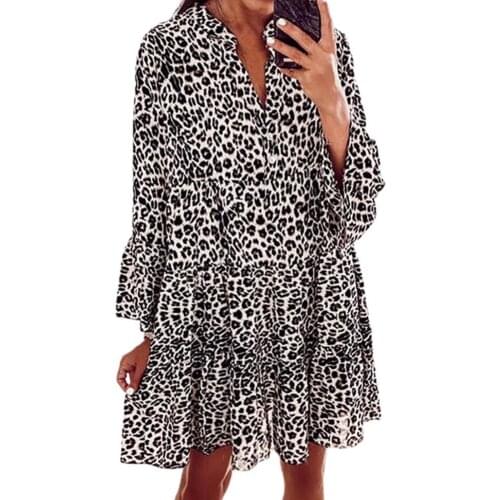 New Autumn Women Mini Dress Leopard Floral Print Deep V Neck Puff Sleeve Swing Hem Casual A-Line Dresses Streetwear