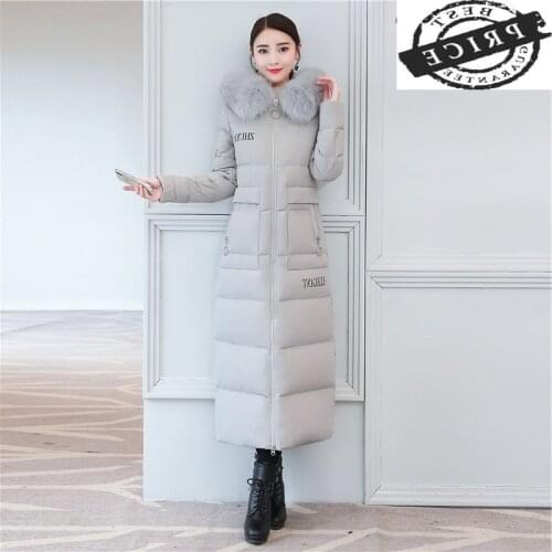 Winter Down Fashion Jacket Women Fox Fur Collar Slim Down Coat Female Long Parka Ladies Elegant Outwear Hood Hiver 202111