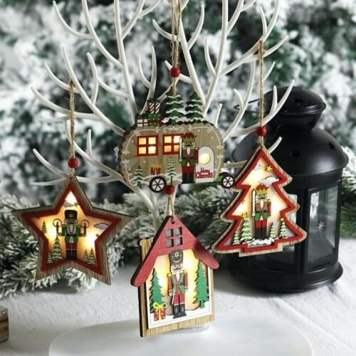 1PCS 3D Christmas Ornament Wooden Hanging Pendants Star Xmas Tree Bell Christmas Decorations with Light For Home Party New Year