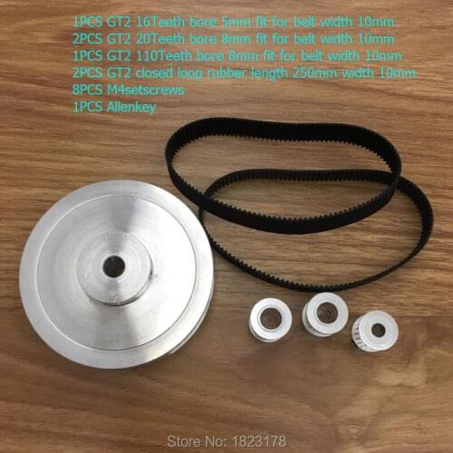 1pcs GT2 110teeth Bore 8mm+1PCS GT2 16teeth Bore 5mm+2PCS GT2 20teeth Bore 8mm+2PCS closed loop belt GT2 Length 250mm width 10mm