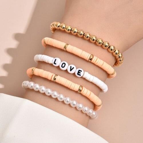 2/5 Pcs Ethnic Style Colorful Bangle Soft Pottery Clay Beads Imitation Pearl Bracelet Fashion Letters Resin Bracelet Set
