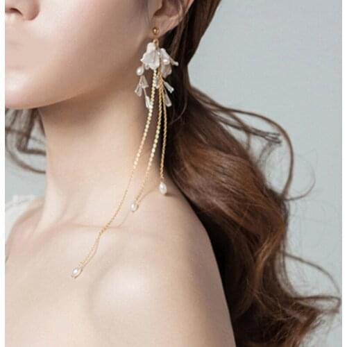 Long Earrings for Women Accessories Wedding Pearl Crystal Drop Tassel Ear Clip on Earrings Clip Bridal Earrings without Piercing