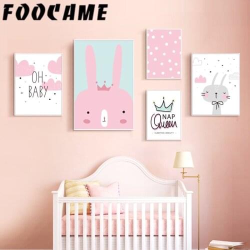 FOOCAME Sweet Home Decor Crown Rabbit Cartoon Poster Wall Art Print Canvas Painting Nursery Decoration Pictures Pink Girl Room