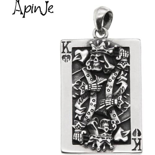 Apinje 925 Sterling Silver Pendant Hip Hop Creative Poker K Skull Necklace Pendant Men And Women Jewelry