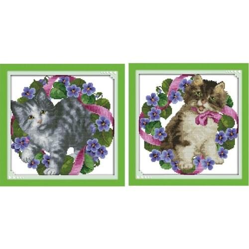 Flowers Around Cat DIY Cartoon Needlework Craft 11CT14CT Animals Printed Pattern Cross Stitch Kit on Canvas Embroidery Set Decor